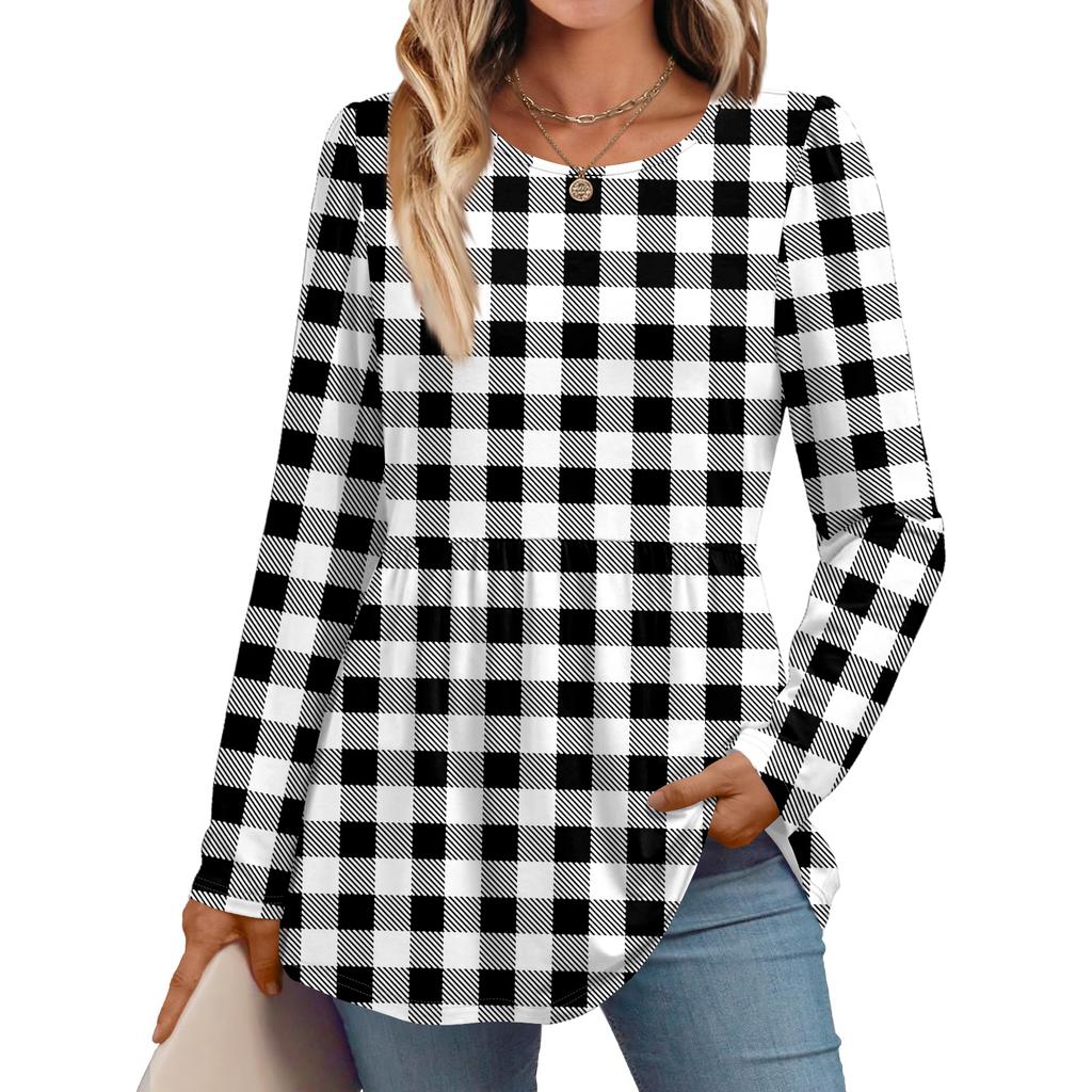 Women's Casual Fashion Long Sleeve Shirt Plaid Printed Tunic Top