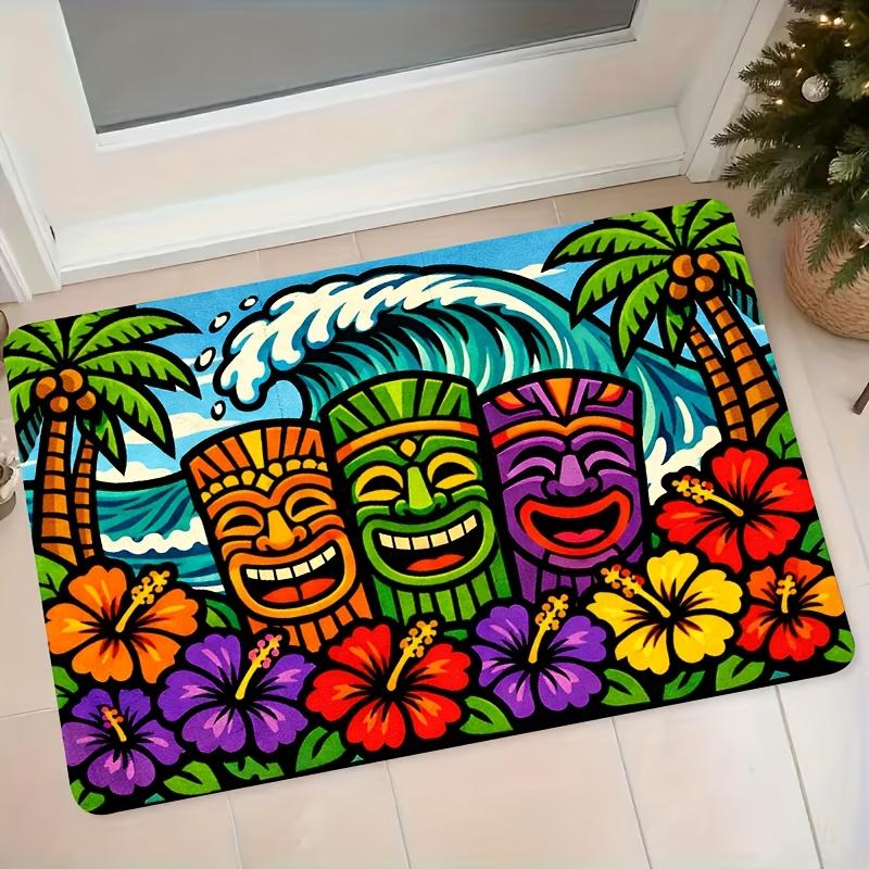 1pc Hawaiian Style Tiki Idol Palm Tree Wave Hibiscus Flower Flannel Mat Entrance Door Mat Bathroom Non-Slip Floor Mat