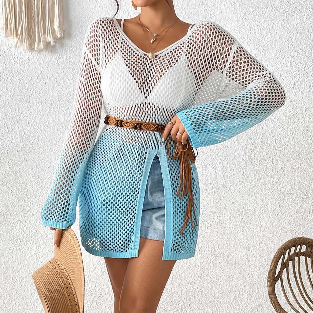 Женский открытый сексуальный бикини внешний градиент пляжный пуловер с длинным рукавом накидка