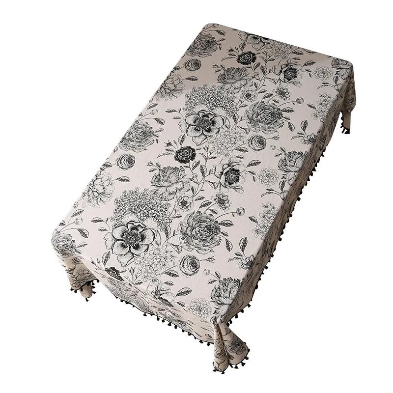 Черная скатерть с цветочным узором, кисточкой по краю, противоскользящая и износостойкая, американская круглая прямоугольная скатерть