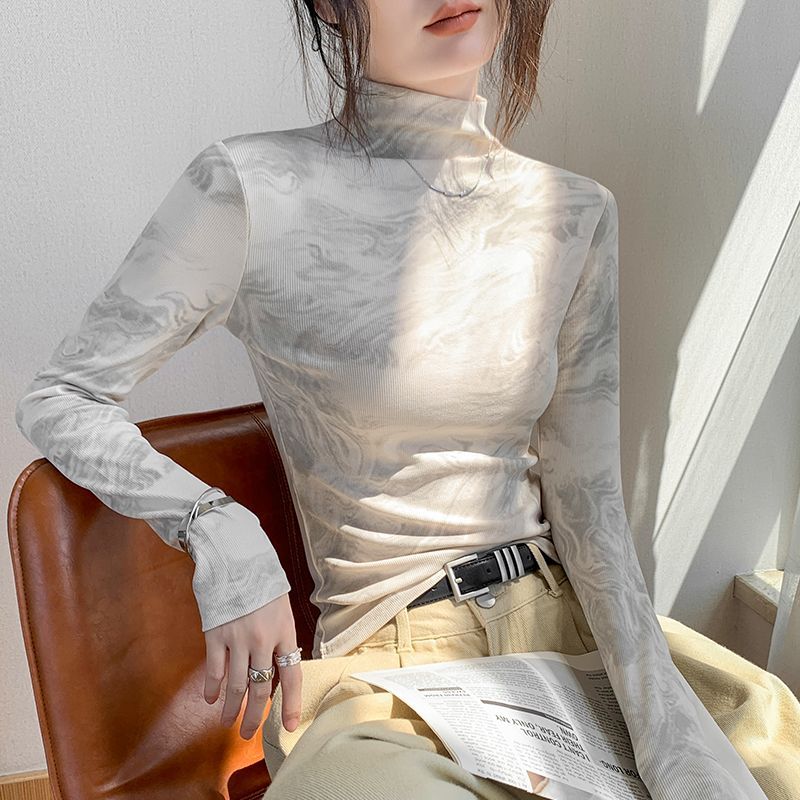 Women's Black Patterned Turtleneck Slim Long-sleeve Top Stretchy Casual Basic Shirt