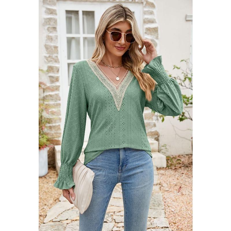 Spring and Autumn Women's T-shirt Tops Jacquard Chiffon Shirt Lace Stitching Long Sleeve Loose V-neck Blouse for Women