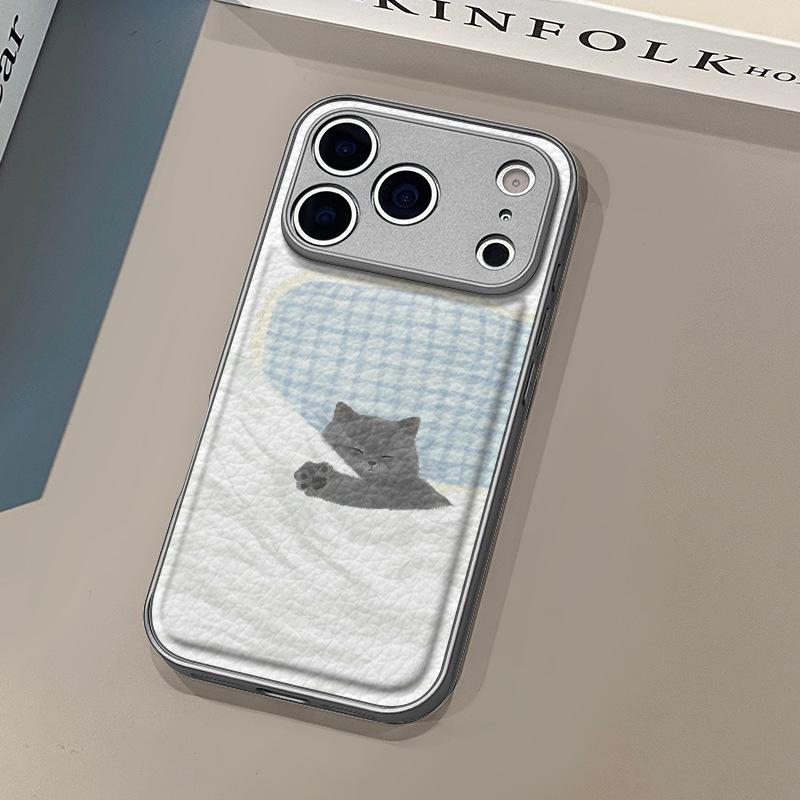 Спящий котенок подходит для чехла на телефон Apple 17pro iphone16pm кожаный узор персонализированный 14plus противоударный