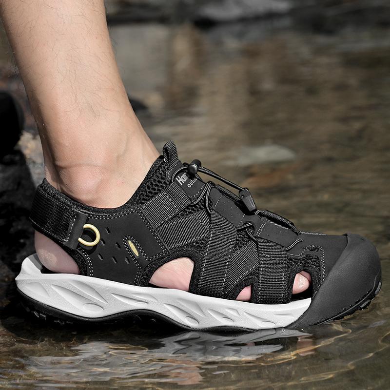 Summer Men's Hollow Leather Beach Sandals Toe Cap Outdoor Sports Shoes Handmade Mesh Shoes