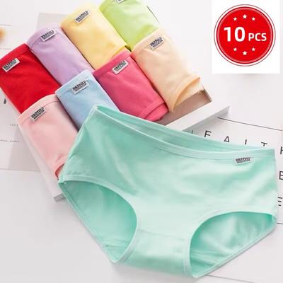 10 шт. Женские трусы из чистого хлопка с низкой посадкой - Однотонное студенческое нижнее белье
