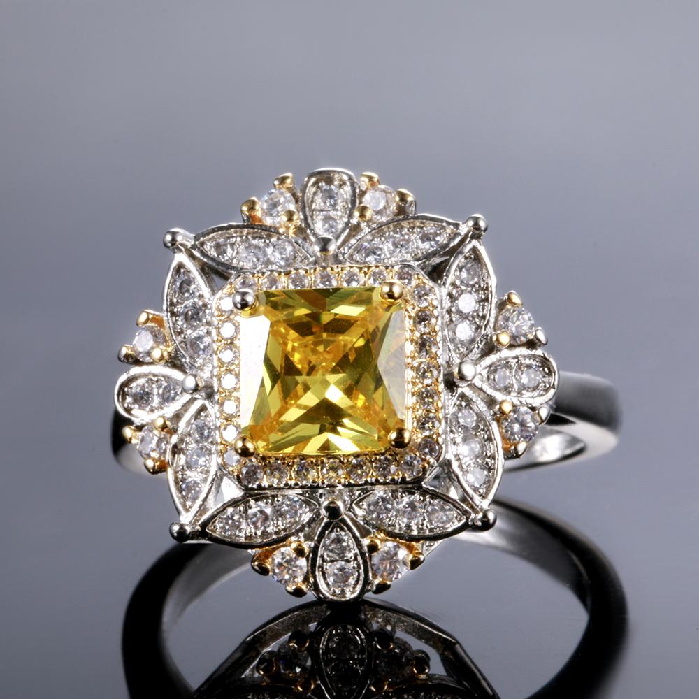 Luxury Square Created Citrine Rings For Women Genuine CopperColor Jewelry With AAAAA Zircon Wedding Engagement Ring Gifts