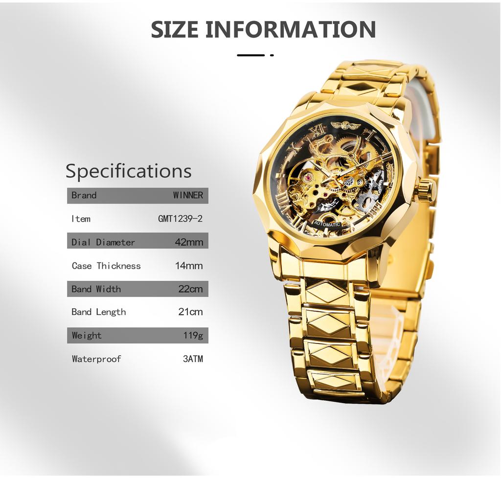 Полигональные мужские механические часы Fashiona Hollowed Out Automatic Watch из нержавеющей стали Skeleton Wristwatches Gold Color Relojes