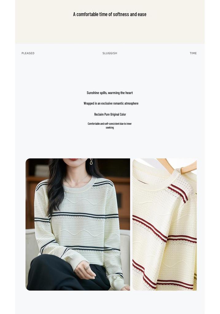 Korean Striped Crew Neck Long Sleeve Knit Sweater for Women - 2025 Autumn Loose Fit