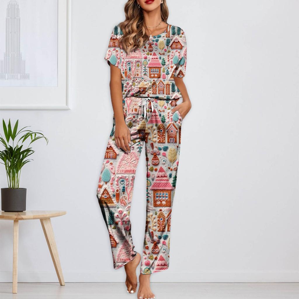 Женский шелковый атласный пижамный комплект с рождественским принтом, рубашка с коротким рукавом и длинные пижамные штаны, мягкая домашняя одежда