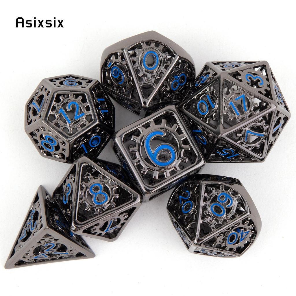 7 Pcs Black Blue Gear Wheel Metal Dice Hollow Metal Polyhedral Dice Set Suitable for Role-Playing RPG Board Game Card Game