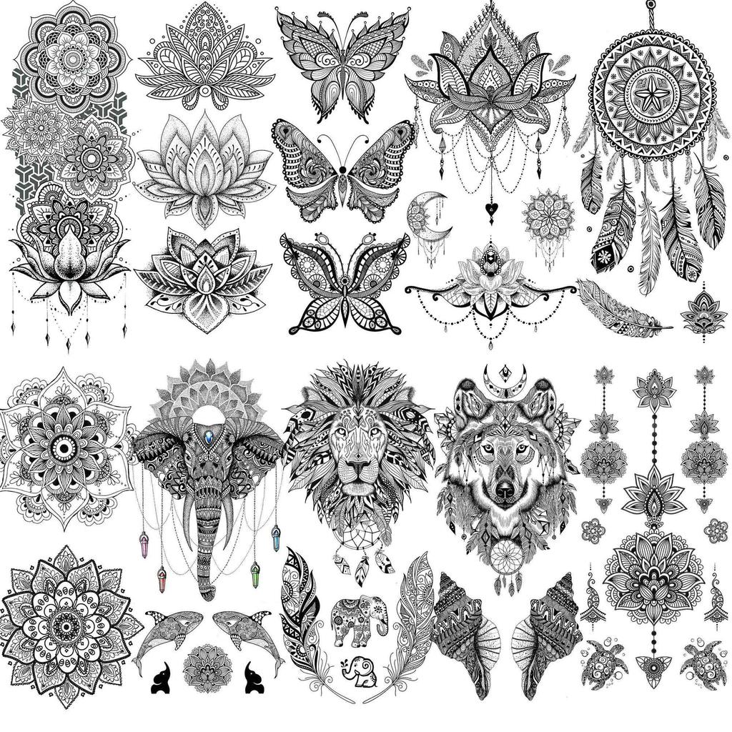 10 Sheets Black Henna Temporary Tattoos For Women Girl Arm Tattoo Fake Mandala Flower Tribal Animals Tattoo Sticker Dreamcatcher
