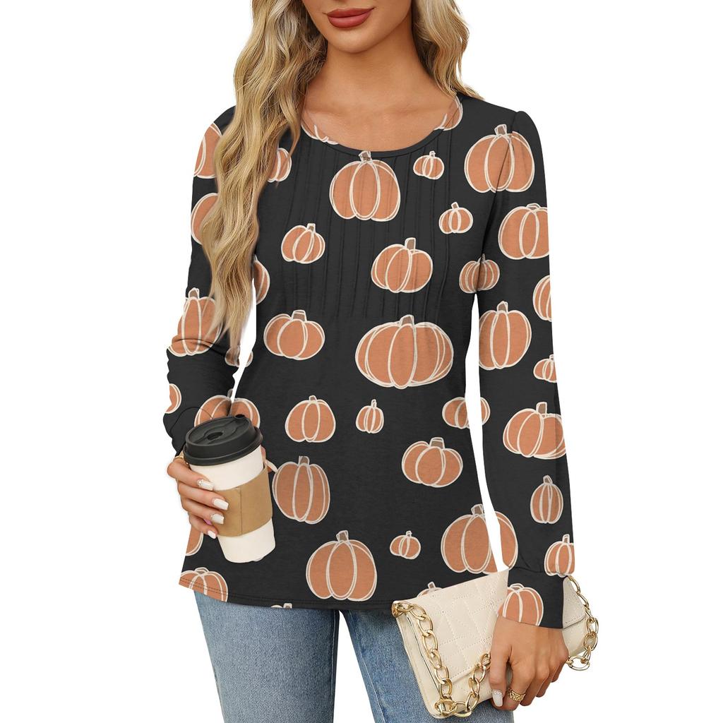 Long Sleeve Shirts For Women Cute Print Graphic Tees Blouses Dressy Casual Blouses Pleated Scooped Neck Tunic Tops Halloween