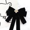 Simple Velvet Black Ribbon Pin Rhinestones Beads Black Bow Necktie Pin Pearl Funerals Memorial Pin Men