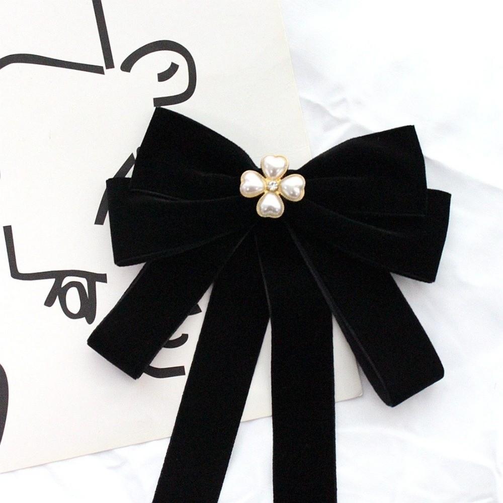 Simple Velvet Black Ribbon Pin Rhinestones Beads Black Bow Necktie Pin Pearl Funerals Memorial Pin Men
