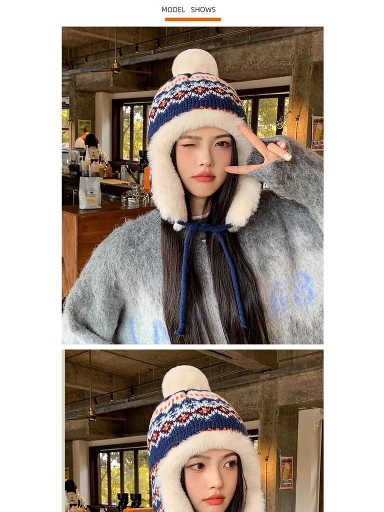 Женская корейская шерстяная шапка в стиле ретро — симпатичная, универсальная, теплая, защищающая уши зимняя вязаная шапка для езды на велосипеде