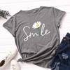 Cotton Loose Round Neck Smile Letter Daisy Pattern Print Short Sleeved Women's T-shirts