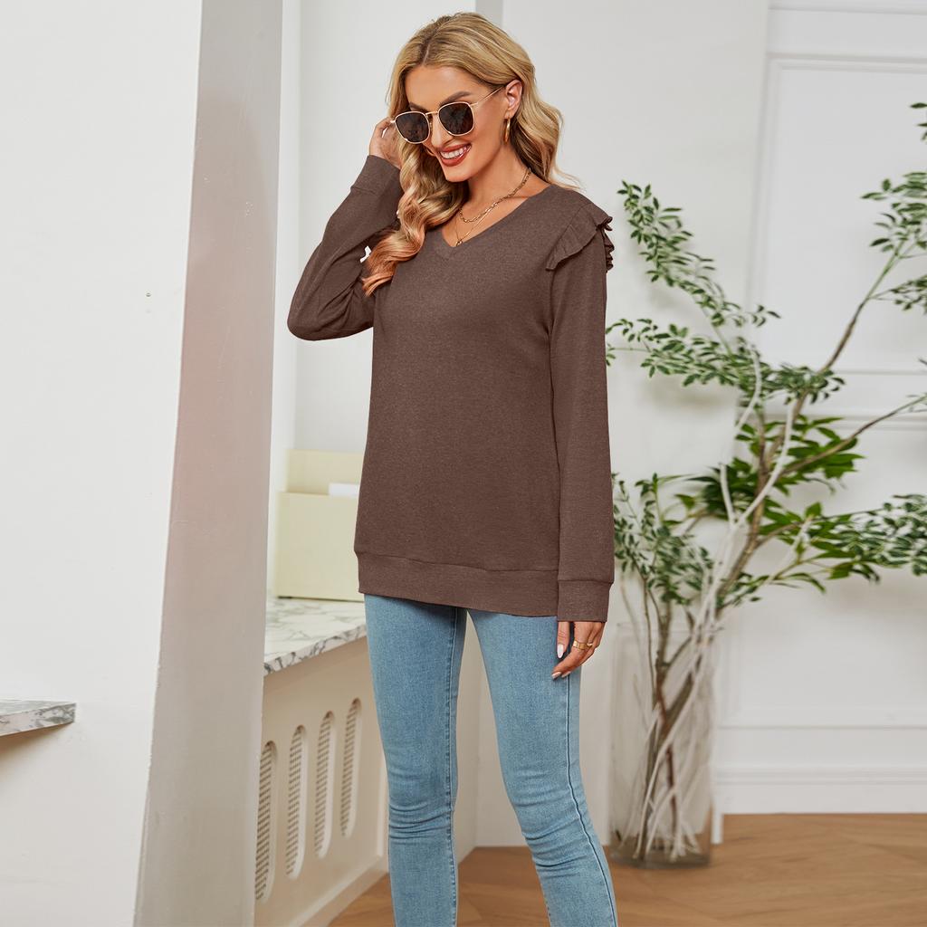 GMXIA Женские модные повседневные осенне-зимние однотонные блузки и рубашки с длинным рукавом и v-образным вырезом с принтом