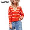 Осенне-зимний женский свитер, модный полосатый свитер с лацканами, свободный вязаный свитер большого размера