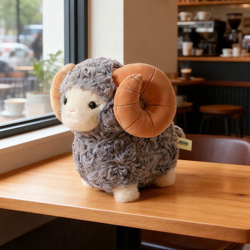 Cute Curly Horn Ram Sheep Plush Toy Squishy Fluffy Stuffed Animal Lamb Doll In White Grey Beige For Birthday Gift Home Decor