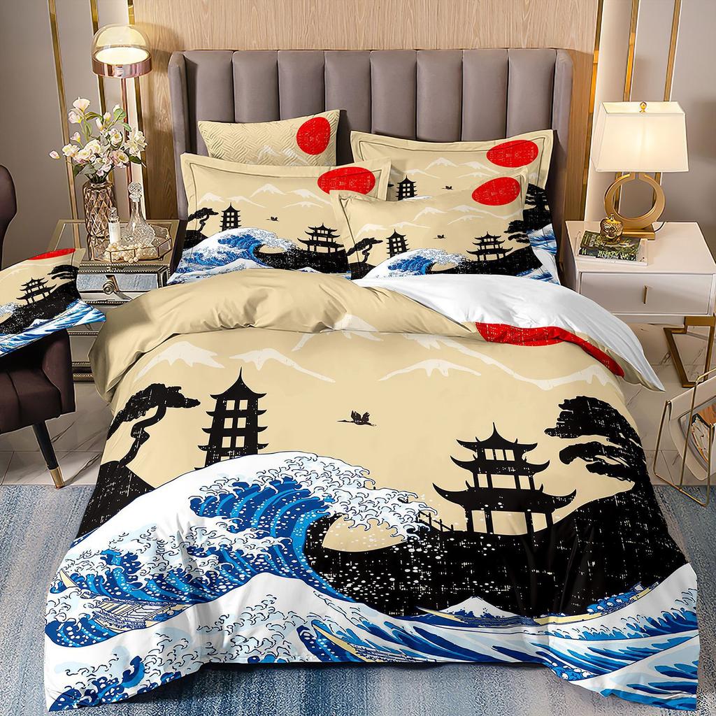 3D Three-Piece Ukiyo-E Painting Wave Flower Quilt Cover Digital Printing Bedding