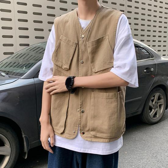 Мужской жилет-карго без рукавов, однобортный дизайн с карманами, спортивный однотонный жилет, уличная уличная одежда
