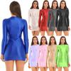 Womens Glossy Long Sleeve Bodycon Dress Mock Neck Solid Color Stretchy Fabric Tight Fitting Nightwear Evening Gown