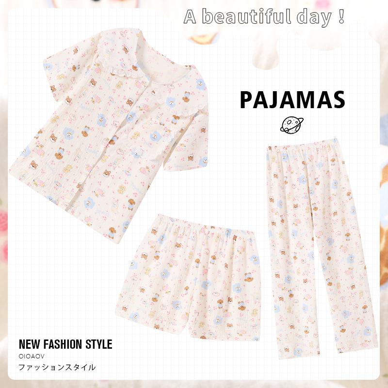 Cloud Cotton Pajamas Women'S Summer Short-Sleeved Sweet Wind Doll Collar Shiba Inu Cartoon Loungewear Three-Piece Set