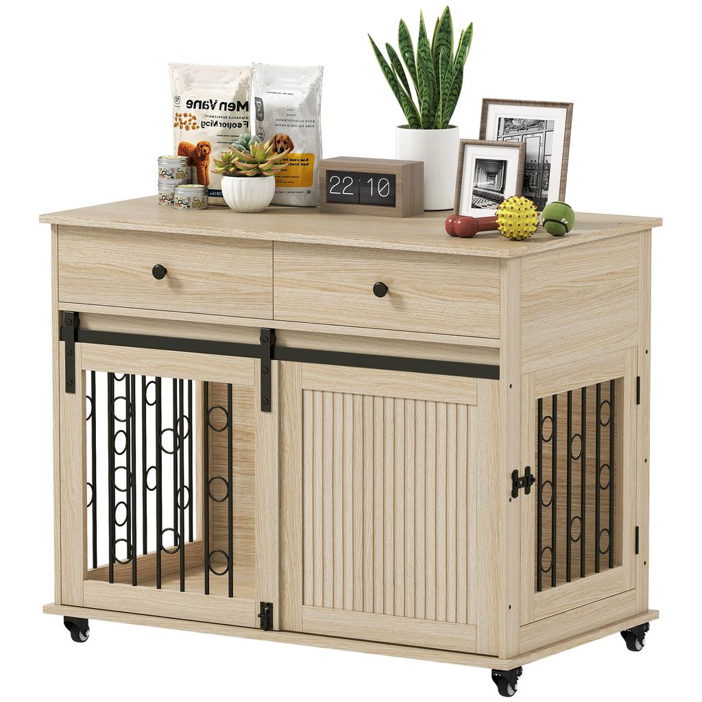 Dog Crate Furniture on Wheels, Dog Cage with 2 Drawers, Sliding Door, for Medium Large Dogs, Oak Tone