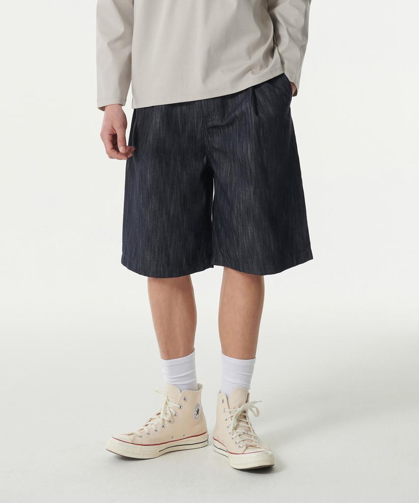 MUSINSA STANDARD Vertical Slub One-Tuck Wide Denim Shorts [Dark Indigo]
