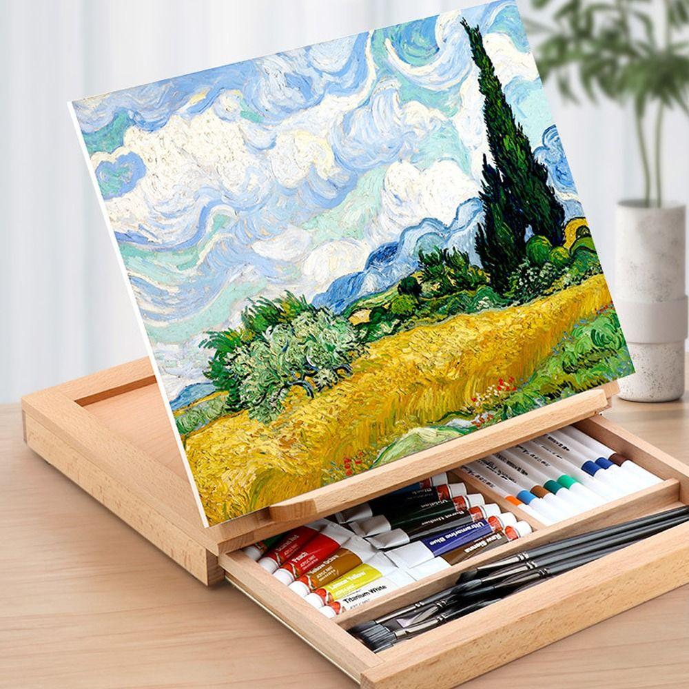 Beech Wood Portable Wooden Table Easel Multifunction Oil Paint Easel  Outdoor Painting