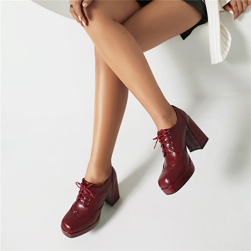 ANNYMOLI/женские туфли-лодочки с круглым носком на платформе, на толстом высоком каблуке, на шнуровке, в сдержанном стиле, женская модная обувь, весна-осень, бордовый, коричневый, 43