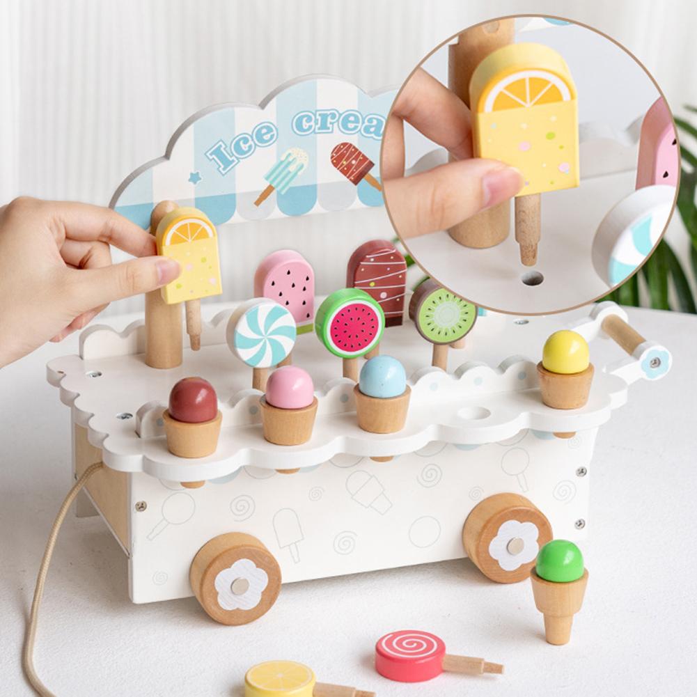 Wooden Ice Cream Cart Toy Ice Cream Truck Playset Pretend Play Kitchen Food Toy Early Education Learning Toys Gifts For Kids