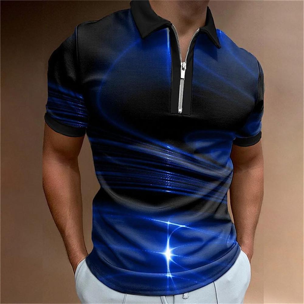 Men's Colorful Striped Printed T-shirt, Zipper, Men's Casual Top, Golf Clothing, Simple and Fashionable Polo, Summer