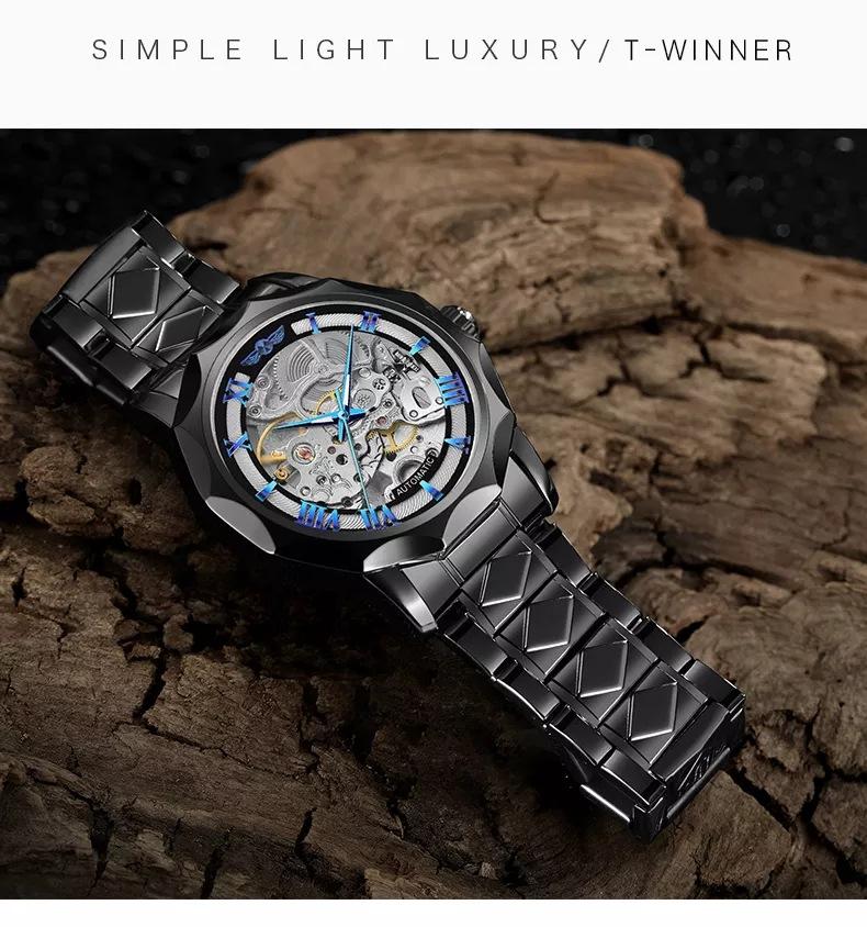 Полигональные мужские механические часы Fashiona Hollowed Out Automatic Watch из нержавеющей стали Skeleton Wristwatches Gold Color Relojes