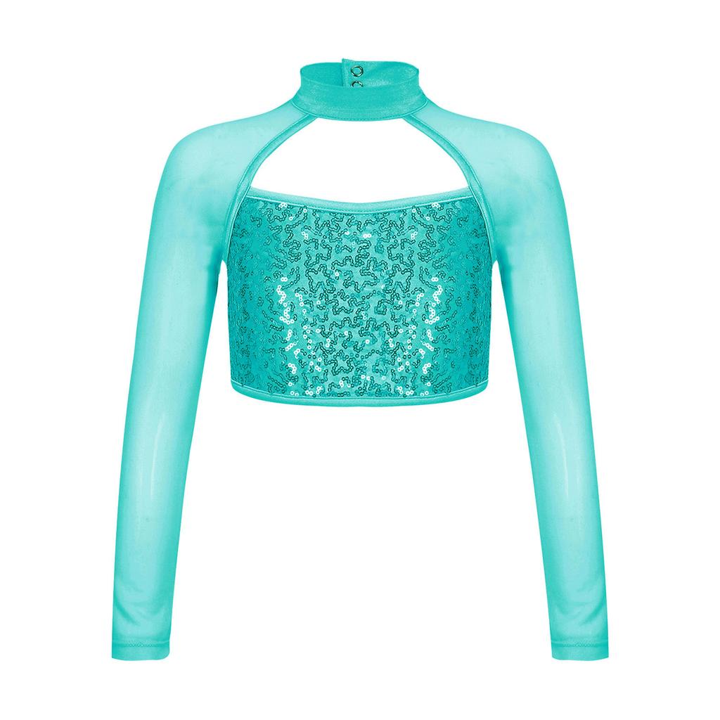 Укороченный топ для танцев для девочек с длинным рукавом, круглым воротом, вырезом на спине, украшенный блестящими пайетками