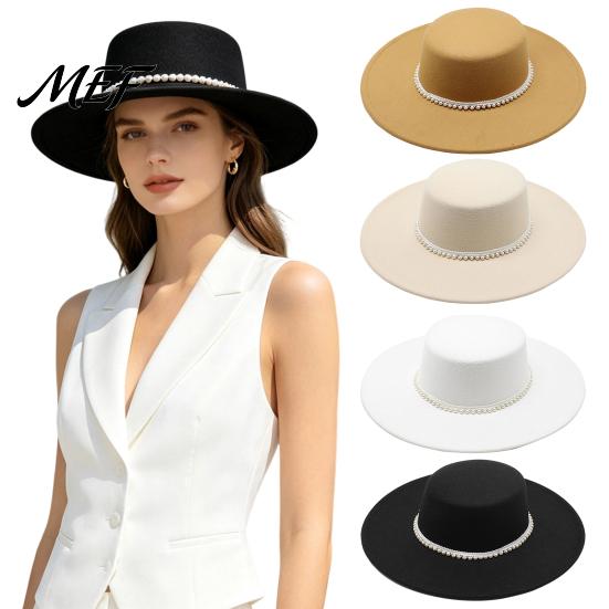 Dressy Winter Outfit Accessory Wide Brim Wool Felt Hat for Women, Vintage Flat Top Fedora Formal Dinner Party Headpiece with Faux Pearl Trim, Elegant