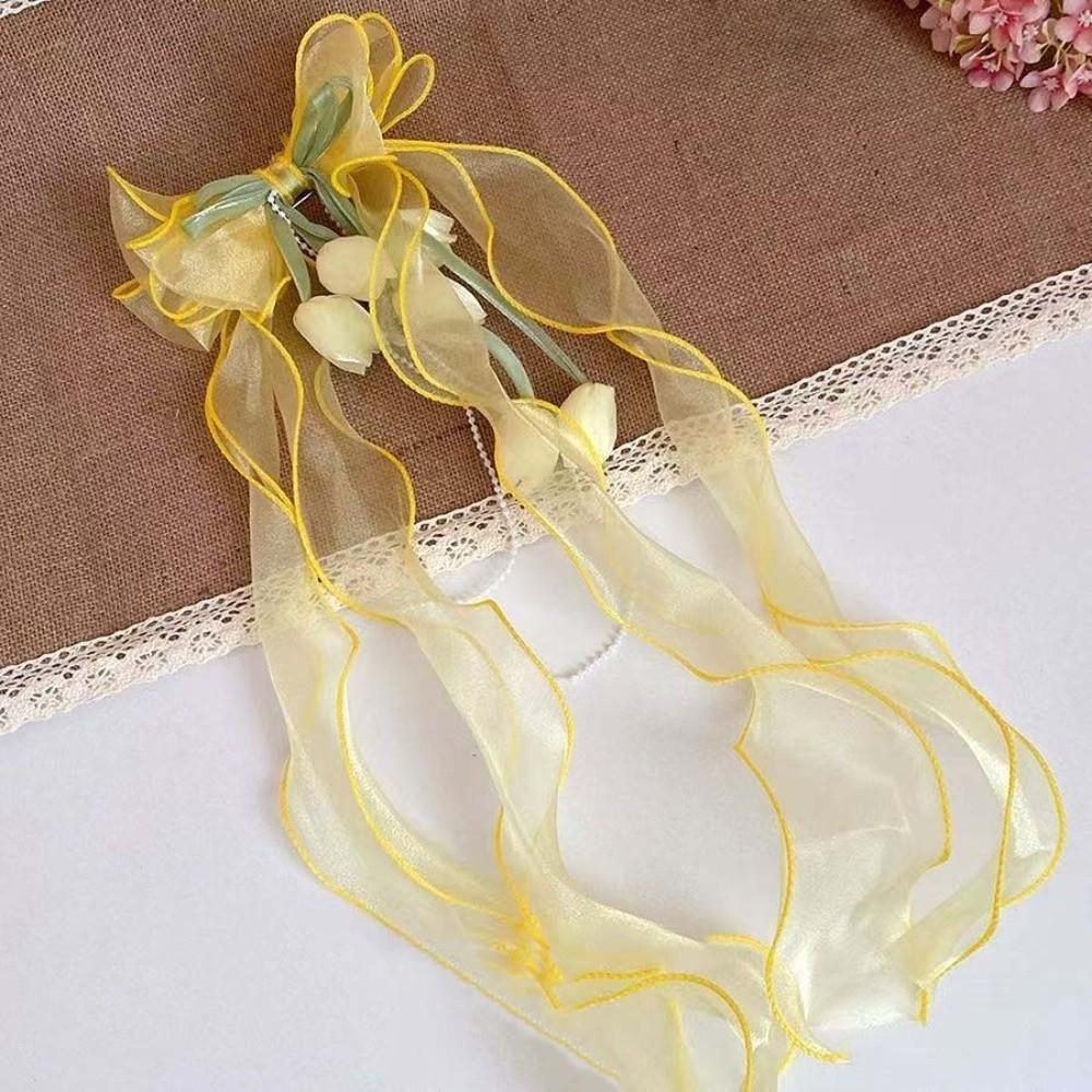 Fairy Style Tulip Hair Clips Pendant Tassel Organza Bowknot Barrette Feminine