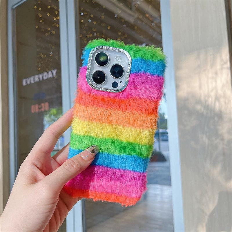 Зимний плюшевый Радужный чехол для iPhone 15, 14, 13, 12, 11 Pro Max XR XS XS Max 7 8Plus SE 2020, защитные чехлы от падения
