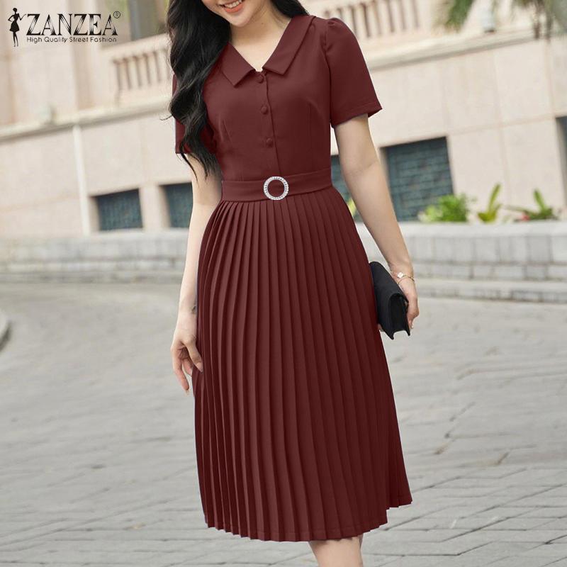 ZANZEA Women Summer Casual V-Neck Short Sleeve Pleated Dress