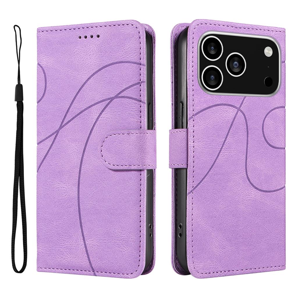 For iPhone 17 Pro Wallet Case Leather Phone Cover Stand with Curved Line Design