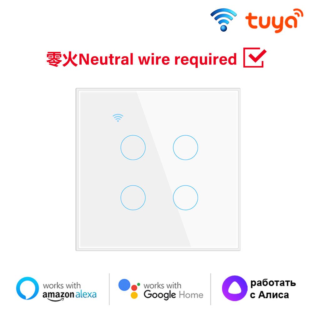 Tuya WiFi Smart Wall Switch EU 4gang Нужен нейтральный провод Сенсорный выключатель Управление умным домом через Smart Life Alexa Google Home