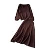 Women's Brown Knit Set with Round Neck Top and High-Waist Midi Skirt
