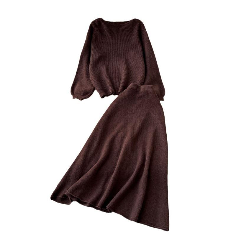 Women's Brown Knit Set with Round Neck Top and High-Waist Midi Skirt