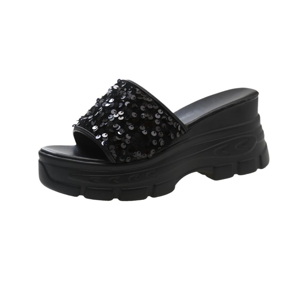 Тапочки на танкетке женские летние импортные новые с юбкой классные тапочки универсальные толстые тапочки с пайетками