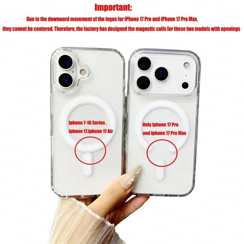 Прозрачный чехол для телефона для iPhone 17 Air 16 15 14 13 12 Pro Max Для беспроводной зарядки Magsafe Задняя крышка