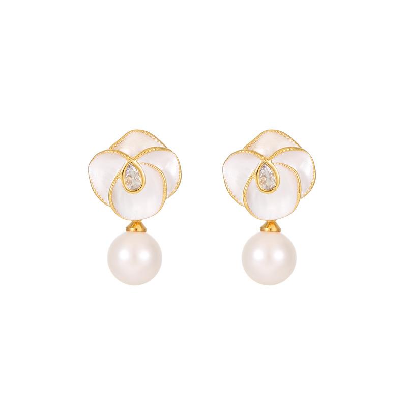 Real Gold Electroplated Silver Needle Petal Zircon Pearl Earrings French Retro High-End Earrings Niche Light Luxury Earrings Women
