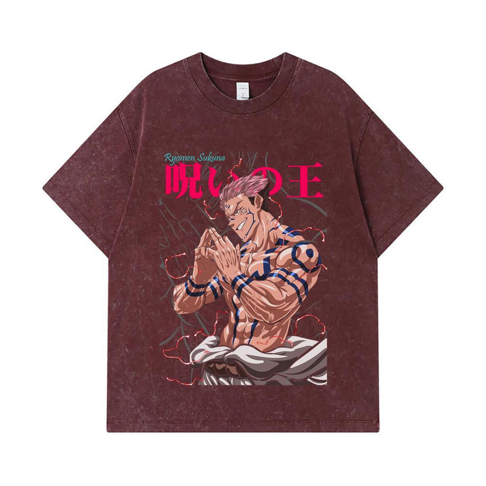 275 GSM Washed T-shirts 100% Cotton Jujutsu Kaisen V46 Sukuna Print Unisex Heavy Cotton T Shirt