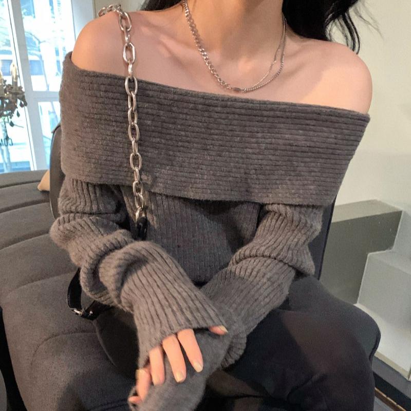 Осенние облегающие сексуальные свитера с открытыми плечами, вязаные свитера для женщин, модные повседневные зимние свитера с разрезом по шее, женские винтажные короткие джемперы, топы 25529