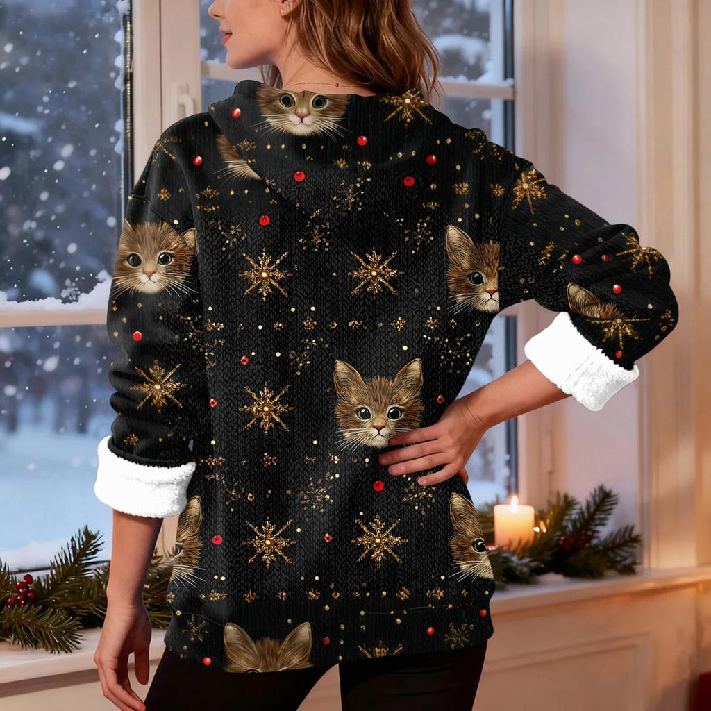 Women's Fashion Casual Long Sleeve Christmas Printed Hooded Sweatshirt
