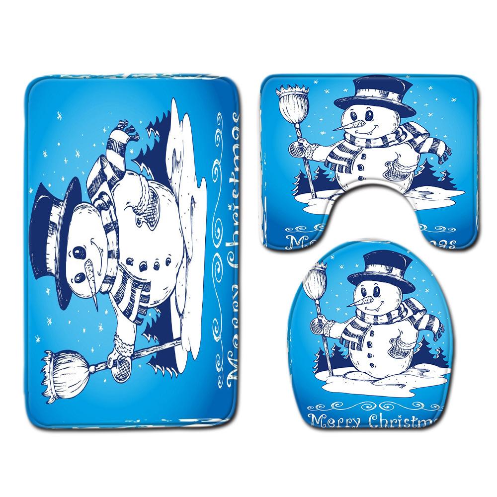 Christmas Home Shower Curtain Waterproof Polyester Cloth Toilet Floor Mat Four-Piece Set Entrance Door Mat Bedroom Living Room Carpet